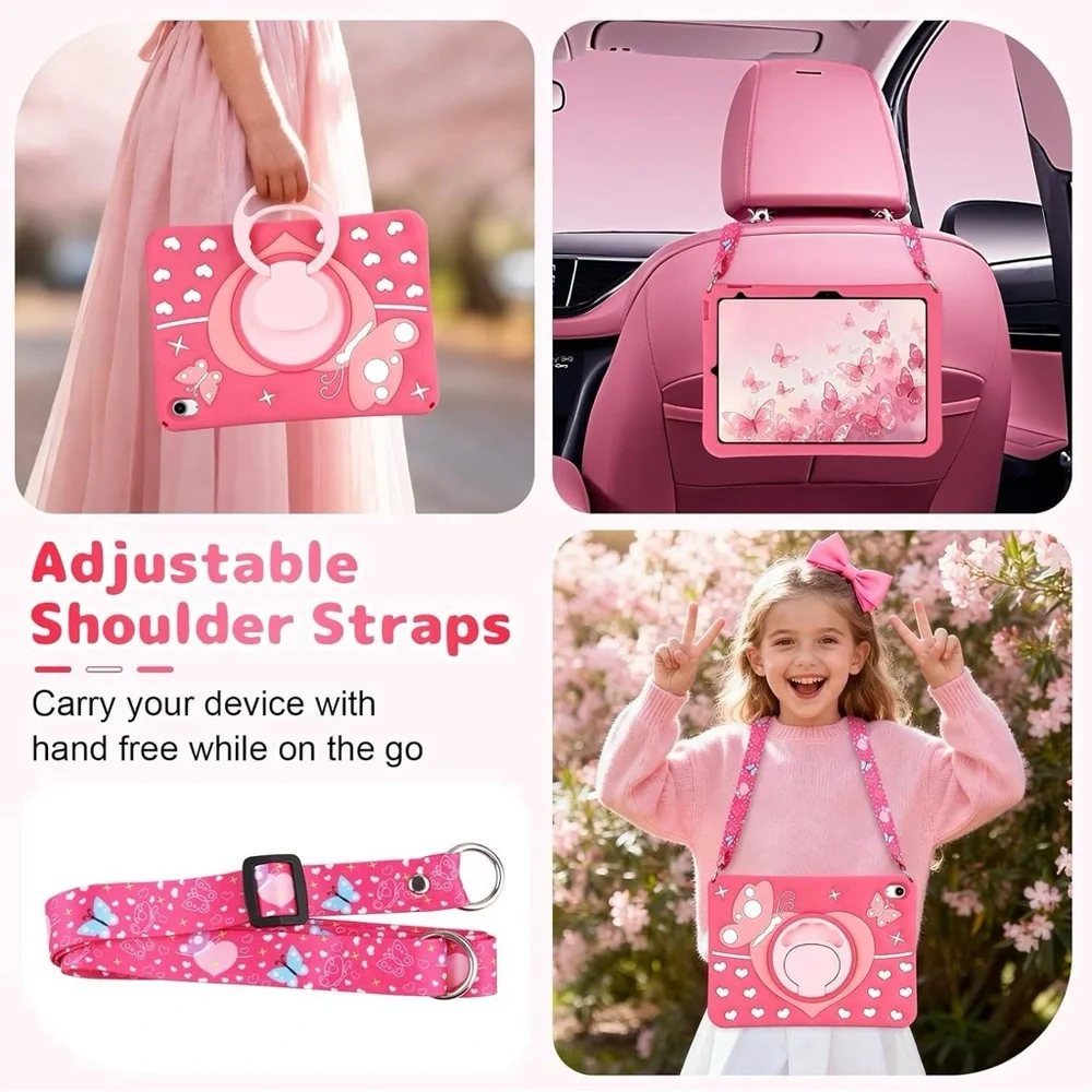 iPad 9th/8th/7th Gen 10.2 Case Kids Pink w/ Strap & Rotating Stand Silicone